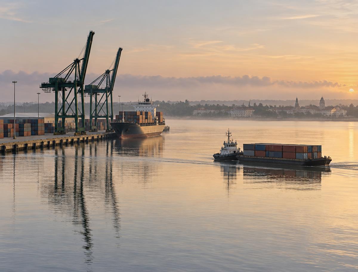 Gantry cranes working a container ship at the Georgetown wharf at first light